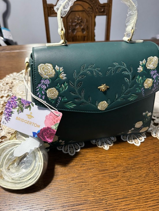 Loungefly Handbags - Loungefly Bridgerton Dark Green Floral Embroidered Top-Handle Satchel